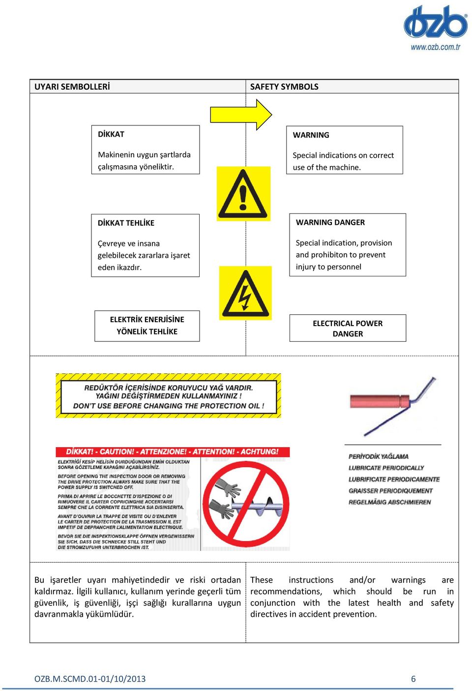 WARNING DANGER Special indication, provision and prohibiton to prevent injury to personnel ELEKTRİK ENERJİSİNE YÖNELİK TEHLİKE ELECTRICAL POWER DANGER Bu işaretler uyarı mahiyetindedir ve