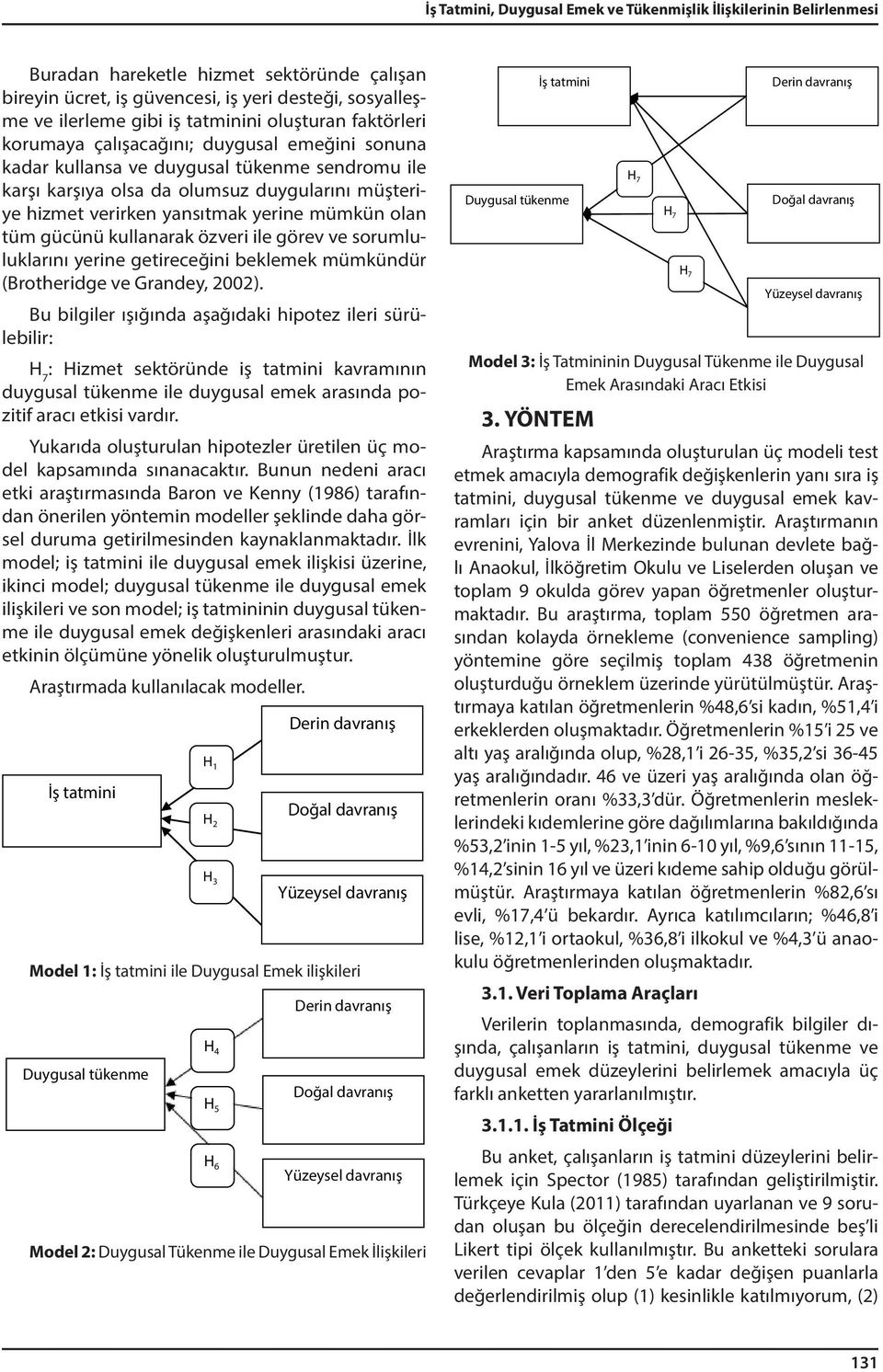 yerine mümkün olan tüm gücünü kullanarak özveri ile görev ve sorumluluklarını yerine getireceğini beklemek mümkündür (Brotheridge ve Grandey, 2002).