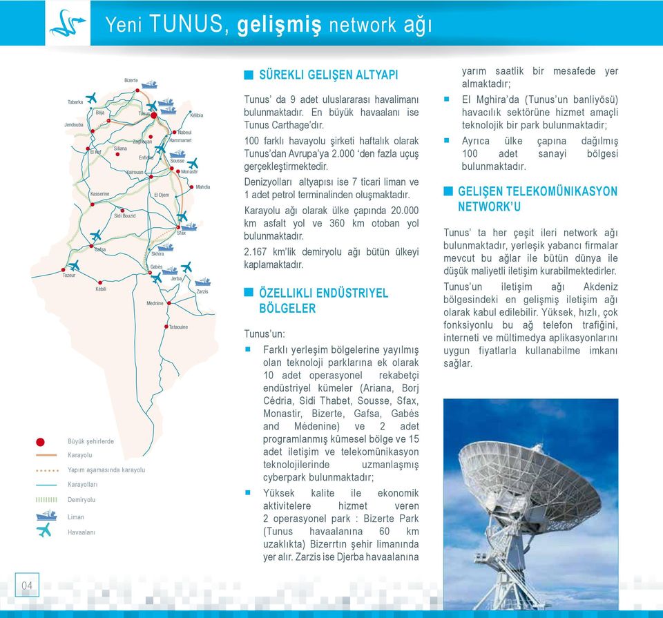 uluslararası havalimanı bulunmaktadır. En büyük havaalanı ise Tunus Carthage dır. 100 farklı havayolu şirketi haftalık olarak Tunus dan Avrupa ya 2.000 den fazla uçuş gerçekleştirmektedir.