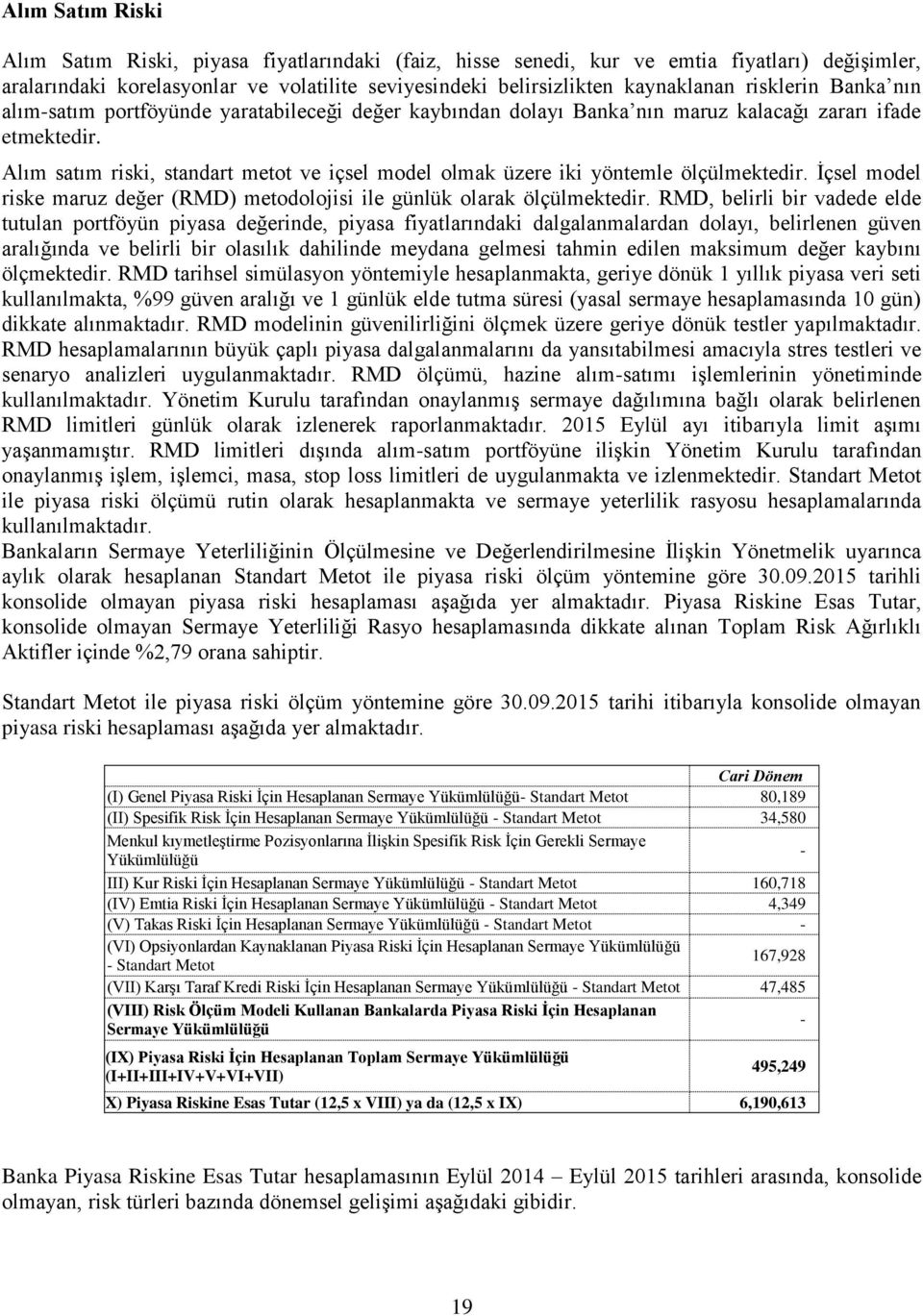 Alım satım riski, standart metot ve içsel model olmak üzere iki yöntemle ölçülmektedir. İçsel model riske maruz değer (RMD) metodolojisi ile günlük olarak ölçülmektedir.