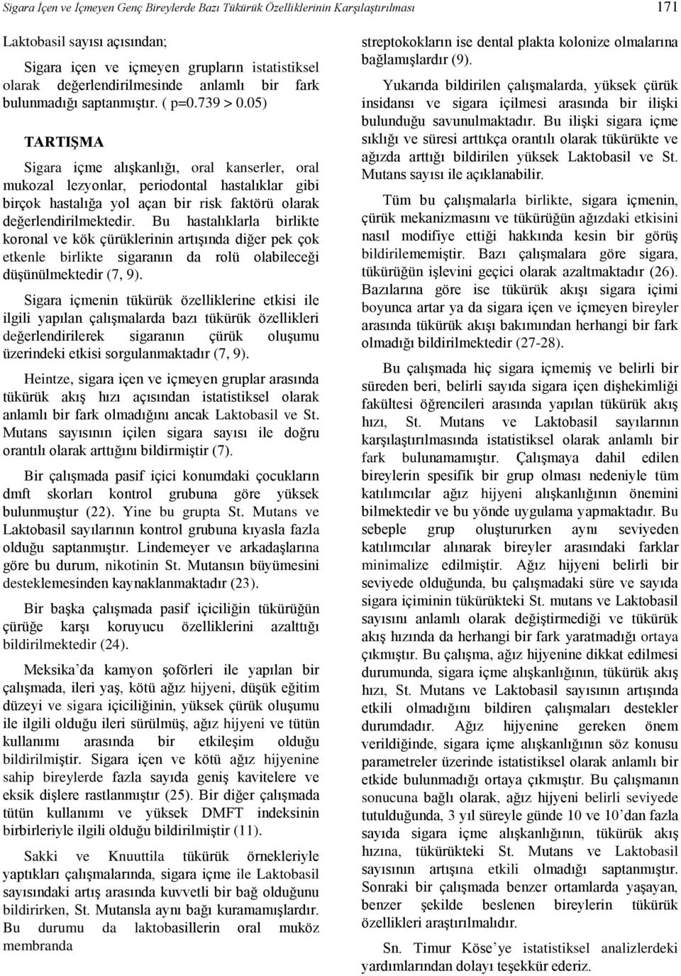 05) TARTIŞMA Sigara içme alışkanlığı, oral kanserler, oral mukozal lezyonlar, periodontal hastalıklar gibi birçok hastalığa yol açan bir risk faktörü olarak değerlendirilmektedir.