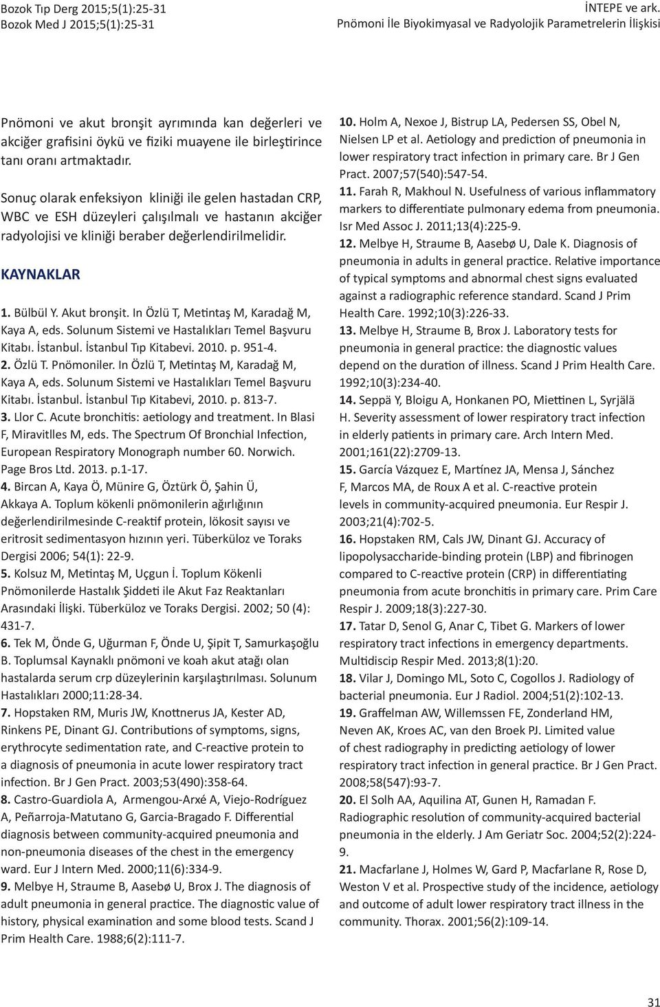 In Özlü T, Metintaş M, Karadağ M, Kaya A, eds. Solunum Sistemi ve Hastalıkları Temel Başvuru Kitabı. İstanbul. İstanbul Tıp Kitabevi. 2010. p. 951-4. 2. Özlü T. Pnömoniler.