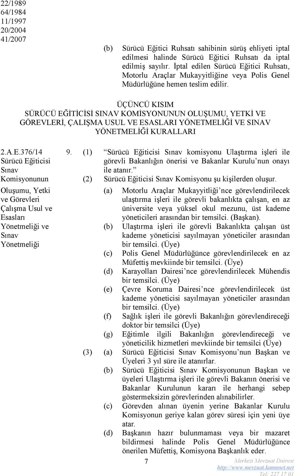 ÜÇÜNCÜ KISIM SÜRÜCÜ EĞİTİCİSİ SINAV KOMİSYONUNUN OLUŞUMU, YETKİ VE GÖREVLERİ, ÇALIŞMA USUL VE ESASLARI YÖNETMELİĞİ VE SINAV YÖNETMELİĞİ KURALLARI 2.A.E.376/14 Sürücü Eğiticisi Sınav 9.