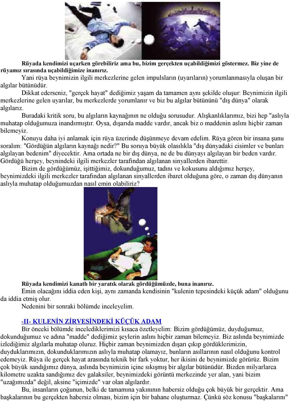 Dikkat ederseniz, "gerçek hayat" dediğimiz yaşam da tamamen aynı şekilde oluşur: Beynimizin ilgili merkezlerine gelen uyarılar, bu merkezlerde yorumlanır ve biz bu algılar bütününü "dış dünya" olarak