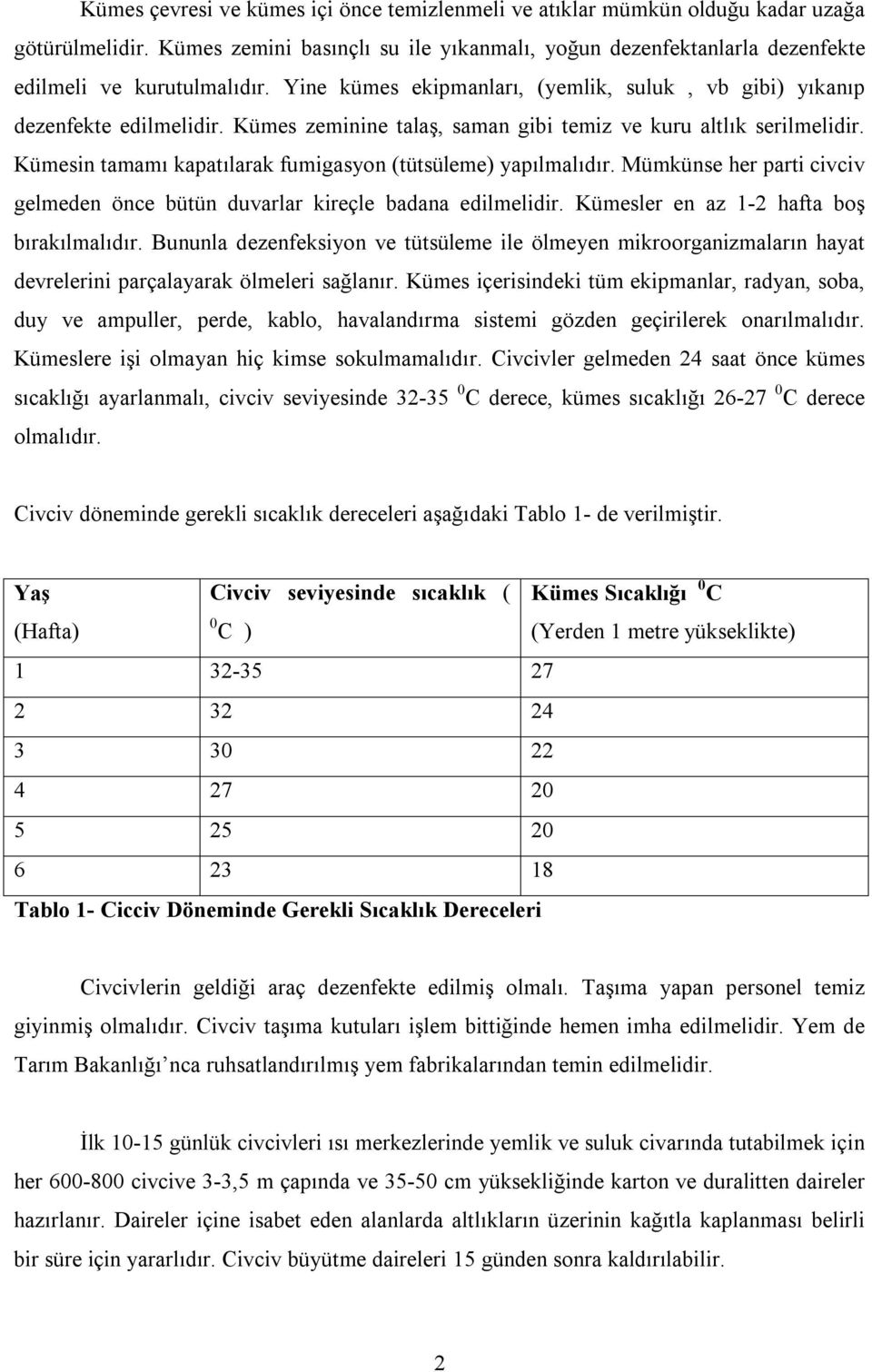 Kümesin tamamı kapatılarak fumigasyon (tütsüleme) yapılmalıdır. Mümkünse her parti civciv gelmeden önce bütün duvarlar kireçle badana edilmelidir. Kümesler en az 1-2 hafta boş bırakılmalıdır.