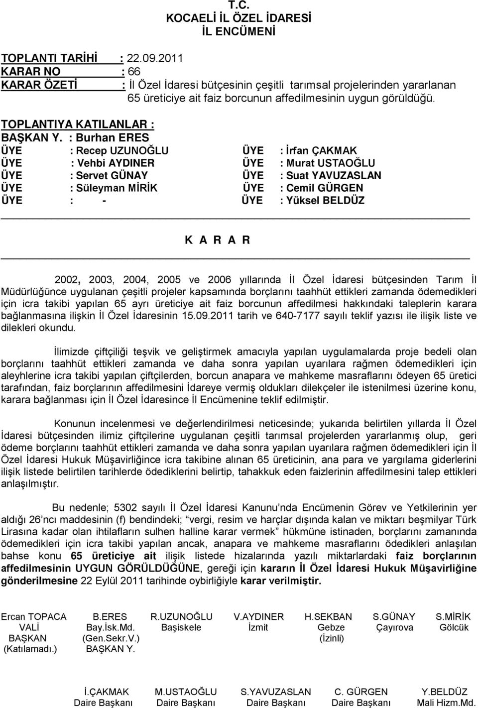 2003, 2004, 2005 ve 2006 yıllarında İl Özel İdaresi bütçesinden Tarım İl Müdürlüğünce uygulanan çeşitli projeler kapsamında borçlarını taahhüt ettikleri zamanda ödemedikleri için icra takibi yapılan