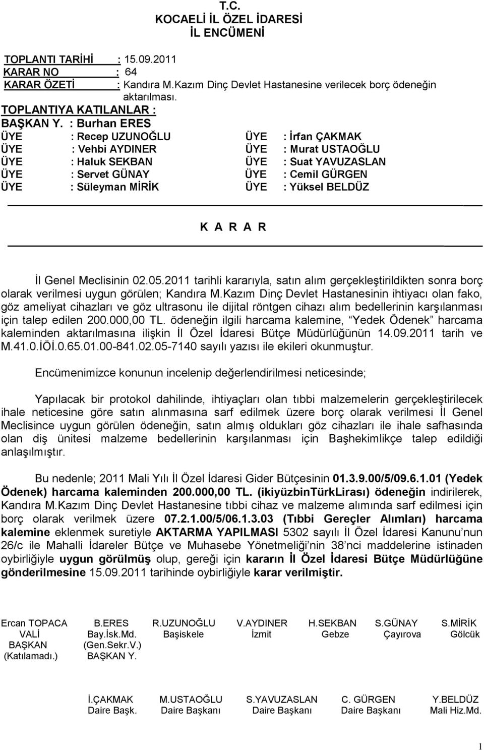 BELDÜZ İl Genel Meclisinin 02.05.2011 tarihli kararıyla, satın alım gerçekleştirildikten sonra borç olarak verilmesi uygun görülen; Kandıra M.