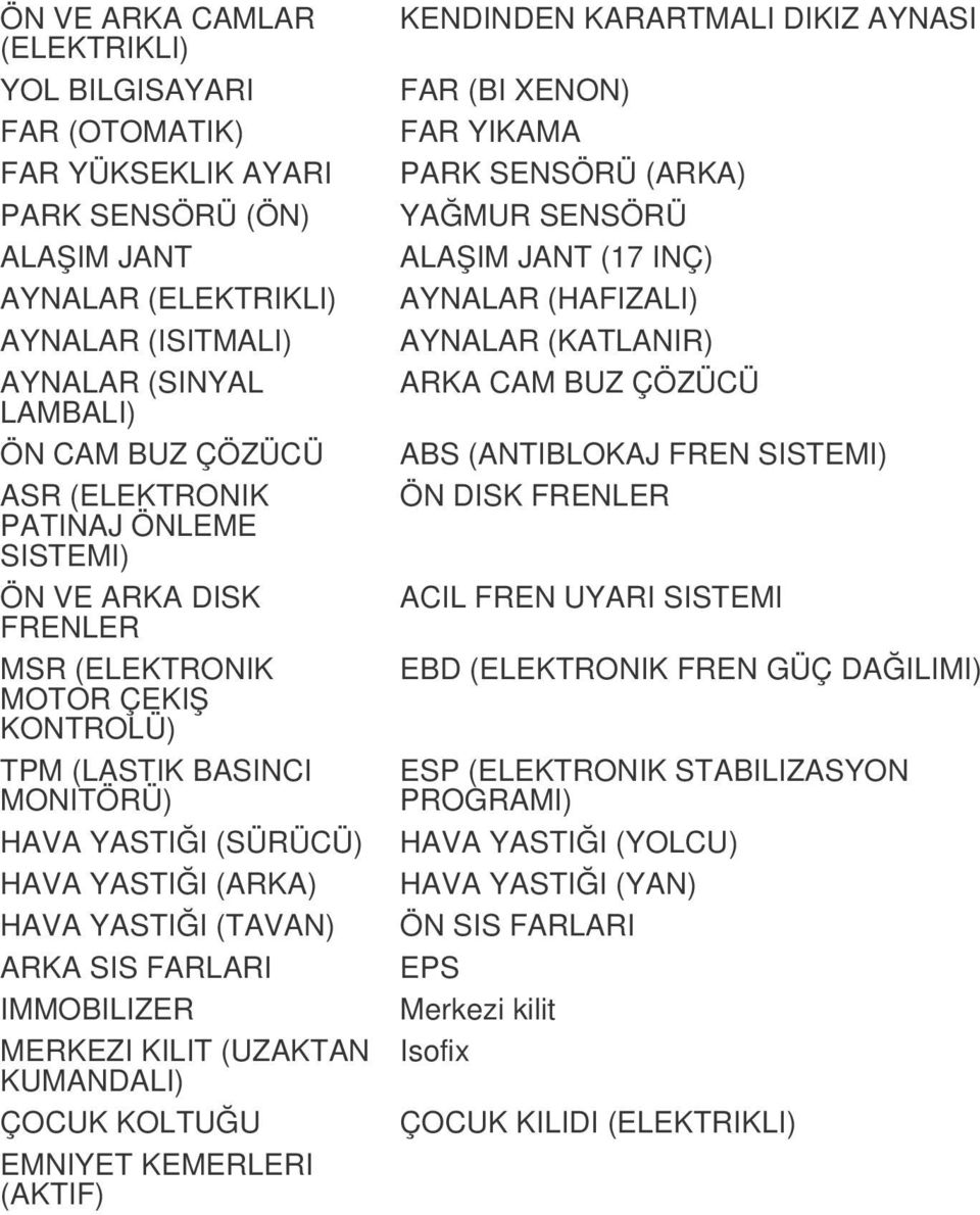 FARLARI IMMOBILIZER MERKEZI KILIT (UZAKTAN KUMANDALI) ÇOCUK KOLTUĞU EMNIYET KEMERLERI (AKTIF) KENDINDEN KARARTMALI DIKIZ AYNASI FAR (BI XENON) FAR YIKAMA PARK SENSÖRÜ (ARKA) YAĞMUR SENSÖRÜ ALAŞIM