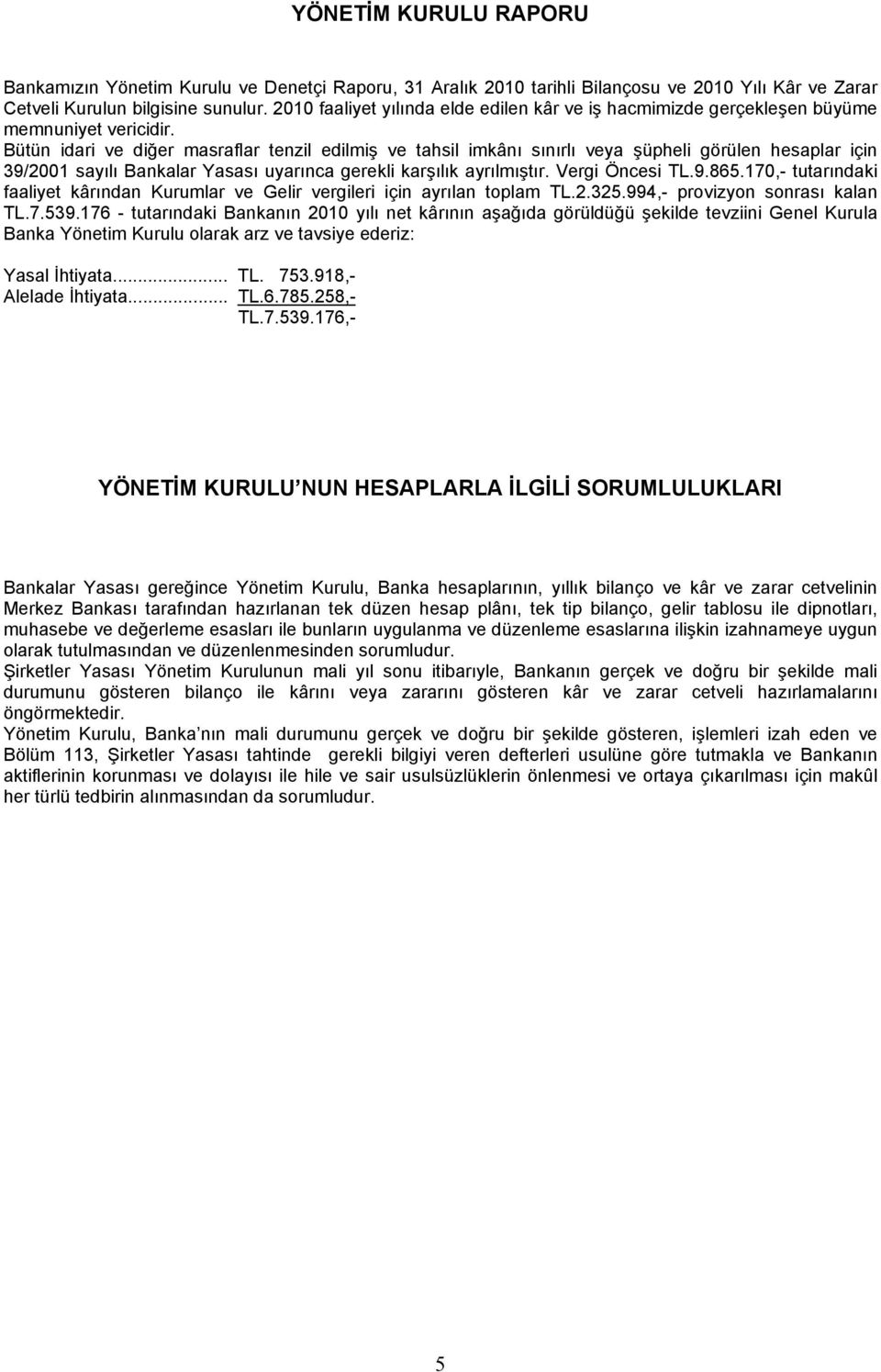 Bütün idari ve diğer masraflar tenzil edilmiş ve tahsil imkânı sınırlı veya şüpheli görülen hesaplar için 39/2001 sayılı Bankalar Yasası uyarınca gerekli karşılık ayrılmıştır. Vergi Öncesi TL.9.865.