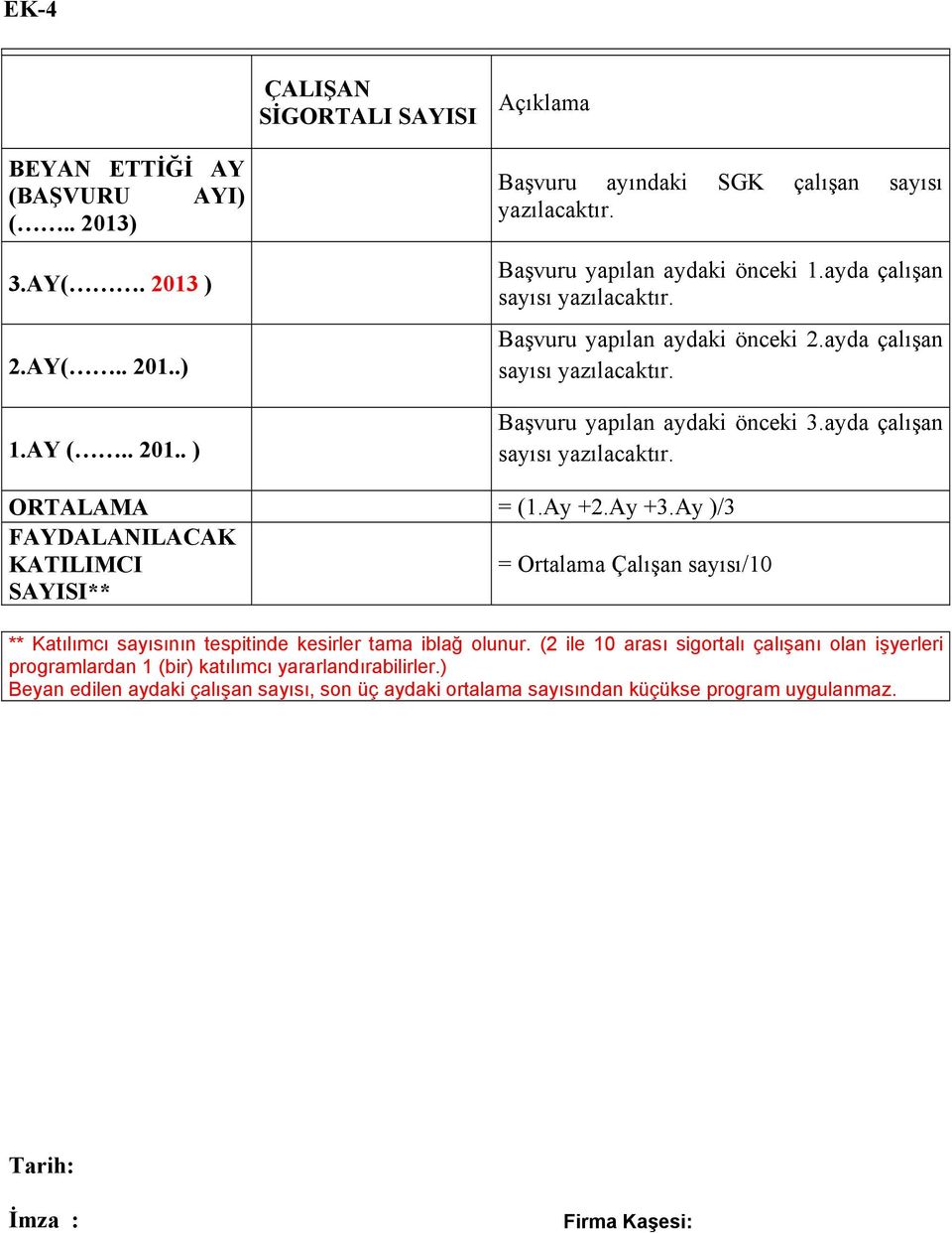 ayda çalışan sayısı yazılacaktır. ORTALAMA = (1.Ay +2.Ay +3.Ay )/3 FAYDALANILACAK KATILIMCI = Ortalama Çalışan sayısı/10 SAYISI** ** Katılımcı sayısının tespitinde kesirler tama iblağ olunur.