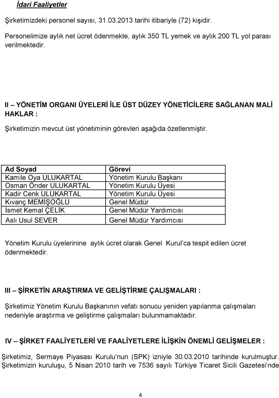 Ad Soyad Kamile Oya ULUKARTAL Osman Önder ULUKARTAL Kadir Cenk ULUKARTAL Kıvanç MEMİŞOĞLU İsmet Kemal ÇELİK Aslı Usul SEVER Görevi Yönetim Kurulu Başkanı Yönetim Kurulu Üyesi Yönetim Kurulu Üyesi