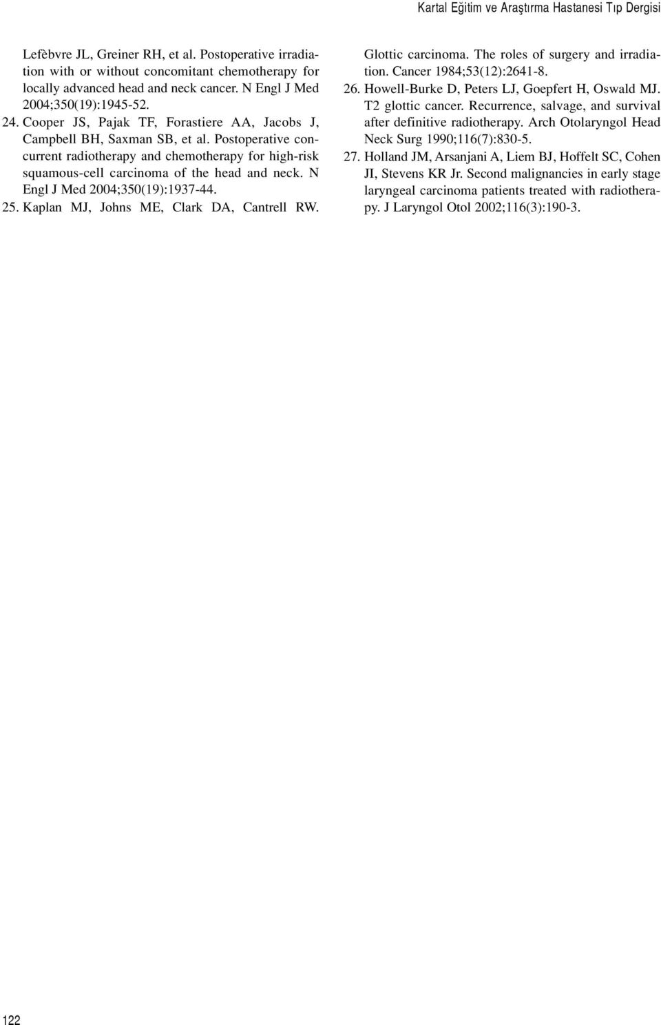 Postoperative concurrent radiotherapy and chemotherapy for high-risk squamous-cell carcinoma of the head and neck. N Engl J Med 2004;350(19):1937-44. 25. Kaplan MJ, Johns ME, Clark DA, Cantrell RW.