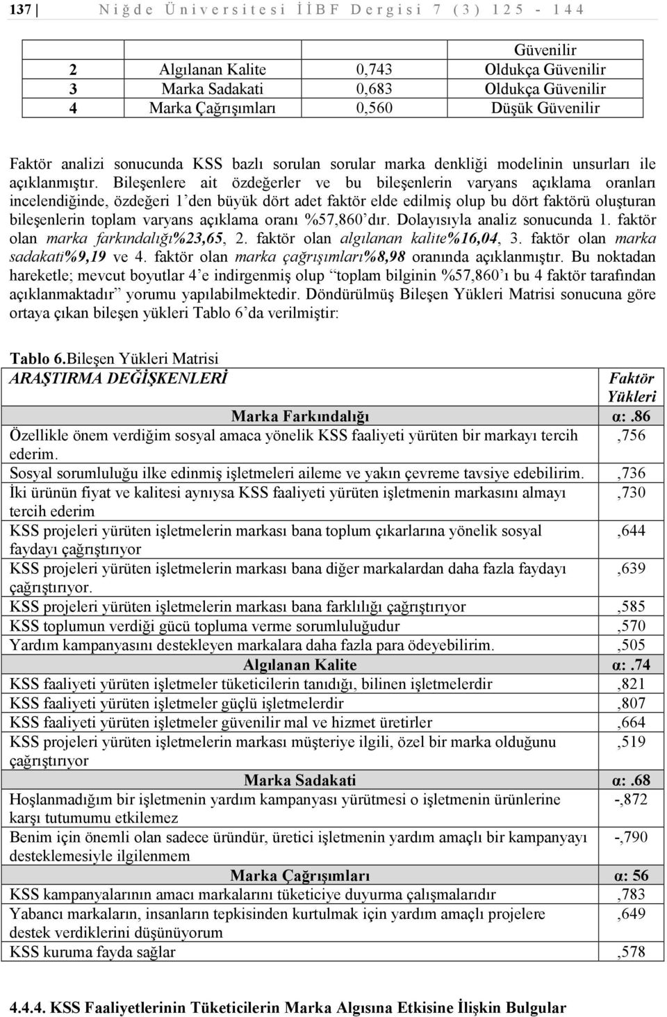 Bileşenlere ait özdeğerler ve bu bileşenlerin varyans açıklama oranları incelendiğinde, özdeğeri 1 den büyük dört adet faktör elde edilmiş olup bu dört faktörü oluşturan bileşenlerin toplam varyans