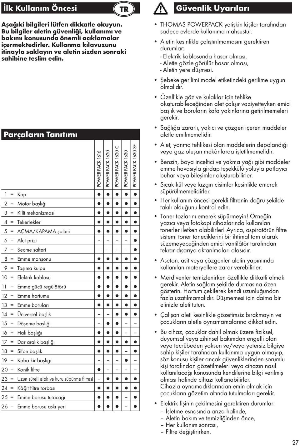 Parçaların Tanıtımı 1 = Kap 2 = Motor başlığı 3 = Kilit mekanizması 4 = Tekerlekler 5 = AÇMA/KAPAMA şalteri 6 = Alet prizi 7 = Seçme şalteri 8 = Emme manşonu 9 = Taşıma kulpu 10 = Elektrik kablosu 11