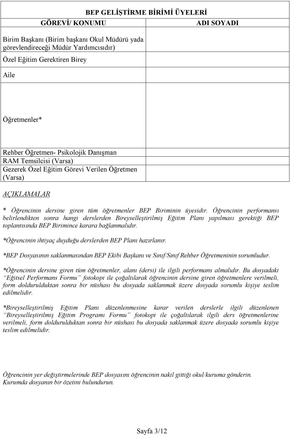 Öğrencinin performansı belirlendikten sonra hangi derslerden Bireyselleştirilmiş Eğitim Planı yapılması gerektiği BEP toplantısında BEP Birimince karara bağlanmalıdır.