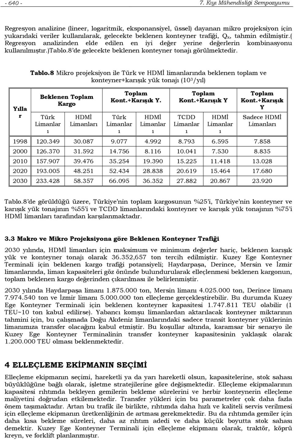 tahmin edilmiştir.( Regresyon analizinden elde edilen en iyi değer yerine değerlerin kombinasyonu kullanılmıştır.)tablo.8 de gelecekte beklenen konteyner tonajı görülmektedir. Yılla r Tablo.