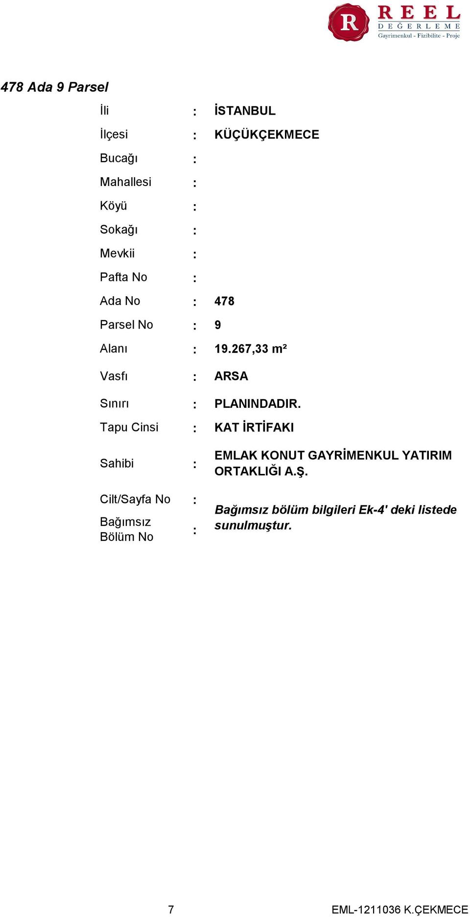 267,33 m² Vasfı Sınırı Tapu Cinsi Sahibi Cilt/Sayfa No Bağımsız Bölüm No ARSA PLANINDADIR.