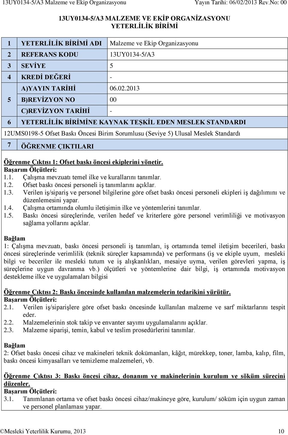 2013 B)REVĠZYON NO 00 C)REVĠZYON TARĠHĠ - 6 YETERLĠLĠK BĠRĠMĠNE KAYNAK TEġKĠL EDEN MESLEK STANDARDI 12UMS0198-5 Ofset Baskı Öncesi Birim Sorumlusu (Seviye 5) Ulusal Meslek Standardı 7 ÖĞRENME