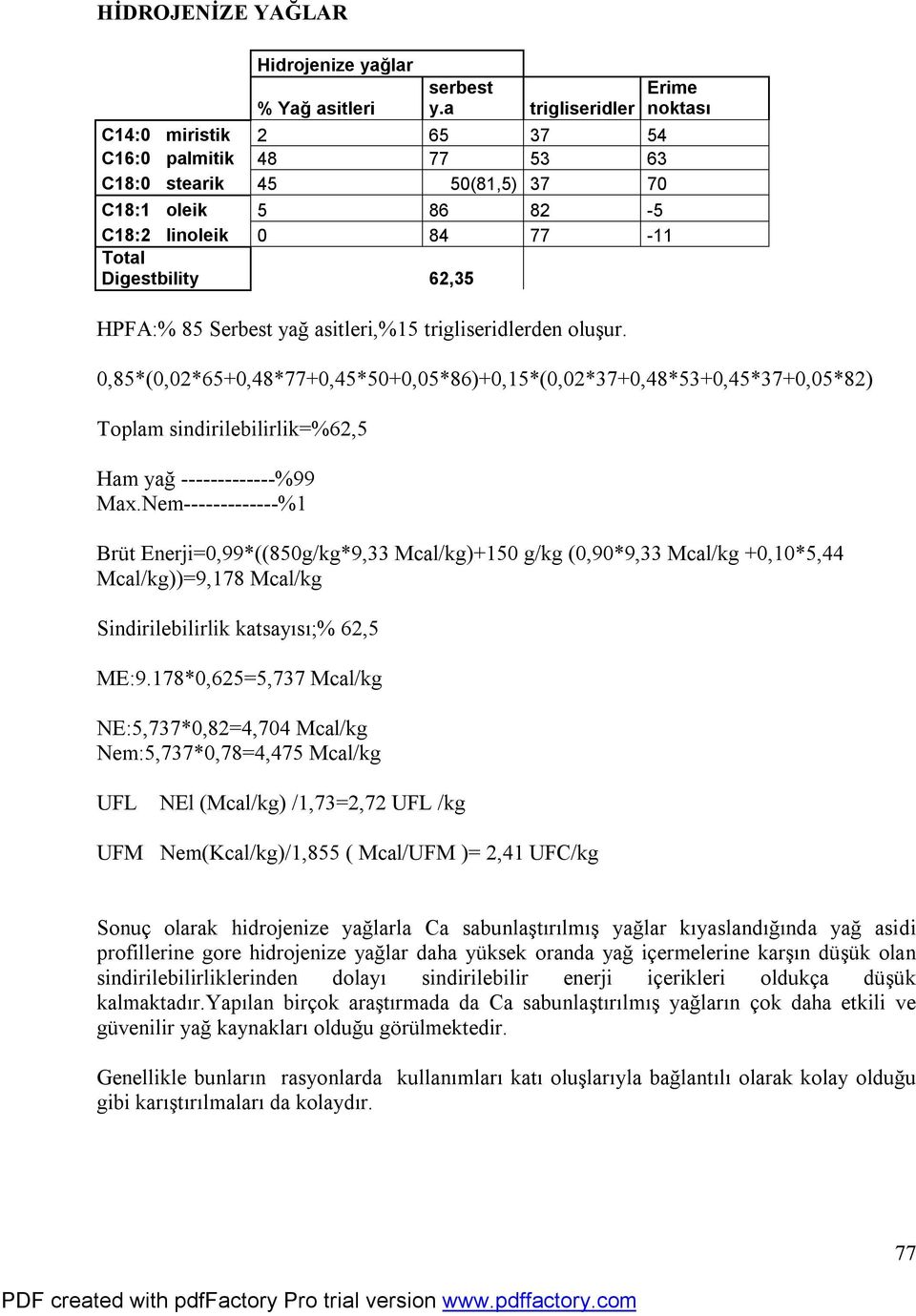 Serbest yağ asitleri,%15 trigliseridlerden oluşur. 0,85*(0,02*65+0,48*77+0,45*50+0,05*86)+0,15*(0,02*37+0,48*53+0,45*37+0,05*82) Toplam sindirilebilirlik=%62,5 Ham yağ -------------%99 Max.