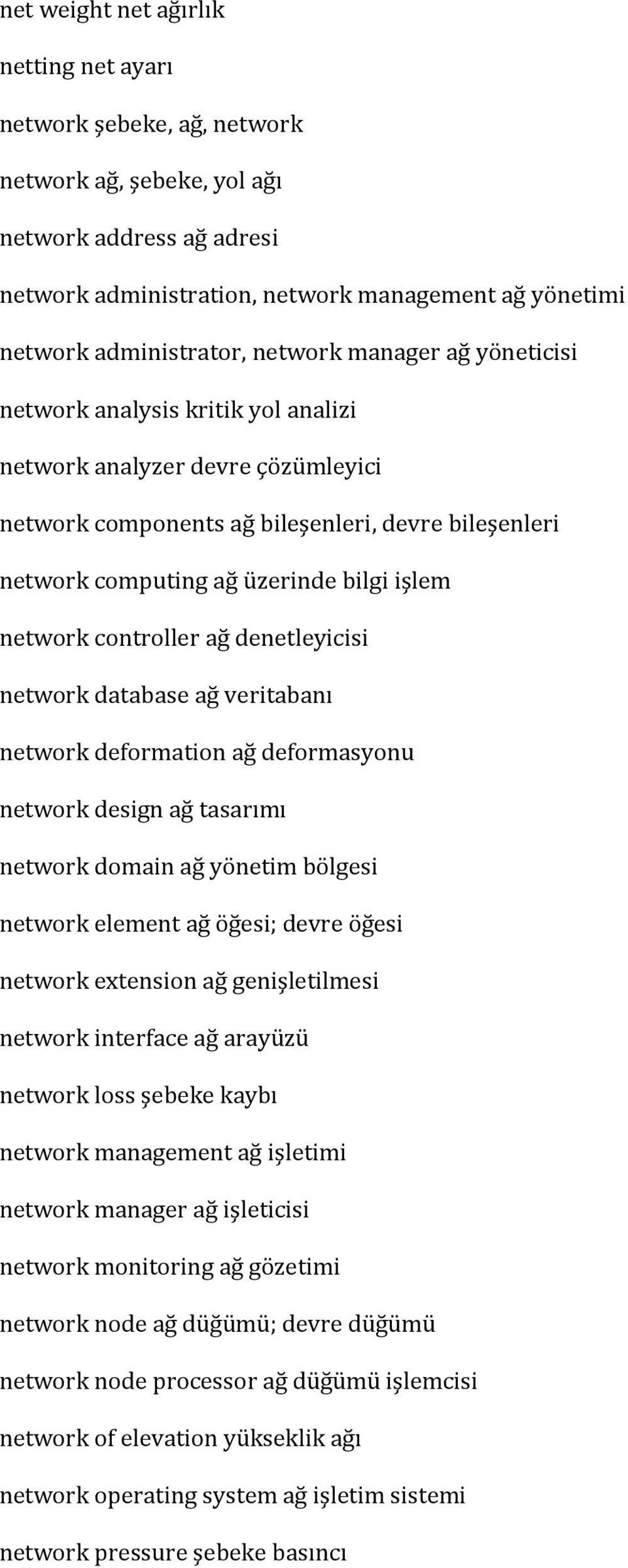 bilgi işlem network controller ağ denetleyicisi network database ağ veritabanı network deformation ağ deformasyonu network design ağ tasarımı network domain ağ yönetim bölgesi network element ağ
