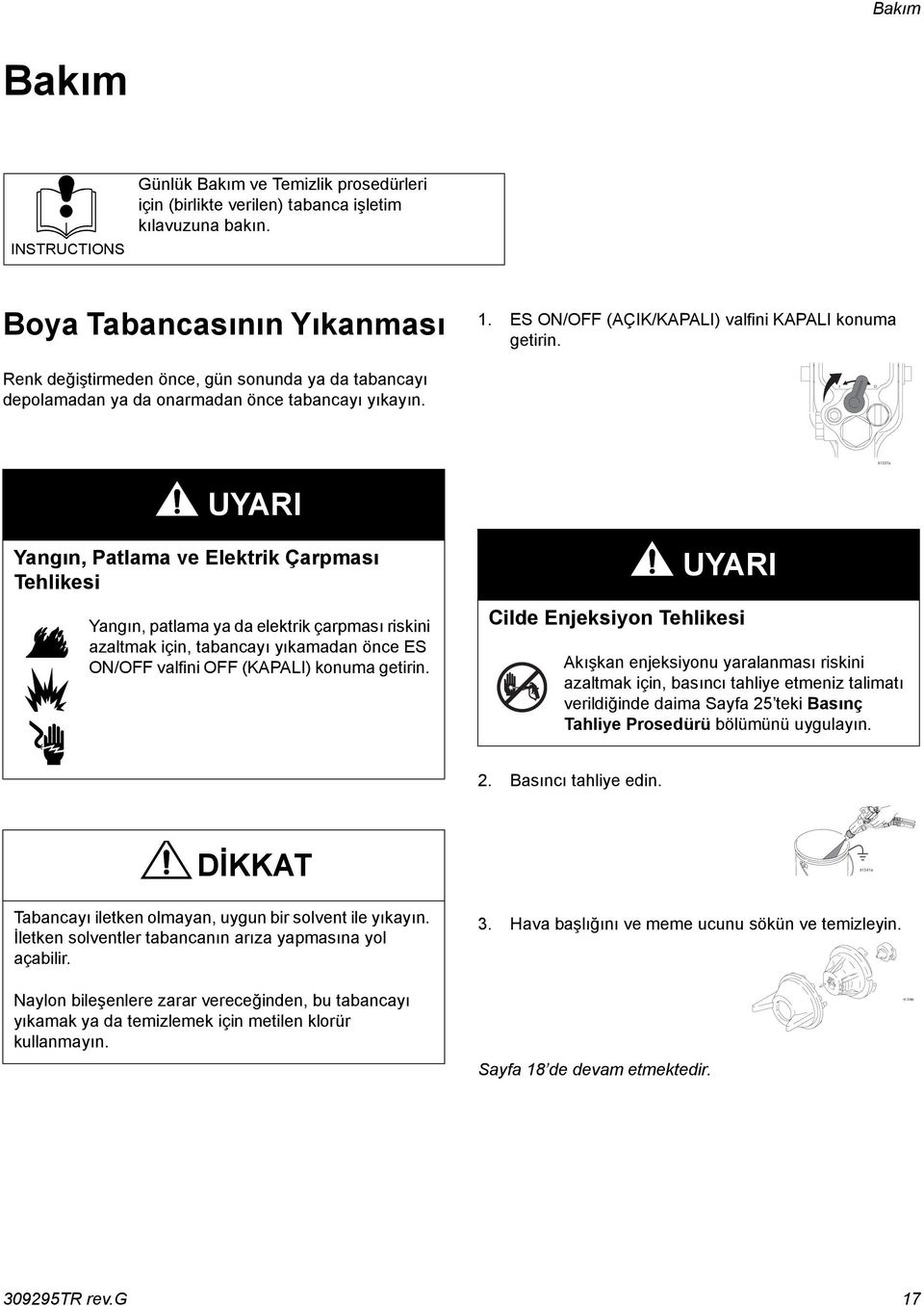 I ES O ti337a UYARI Yangın, Patlama ve Elektrik Çarpması Tehlikesi Yangın, patlama ya da elektrik çarpması riskini azaltmak için, tabancayı yıkamadan önce ES ON/OFF valfini OFF (KAPALI) konuma