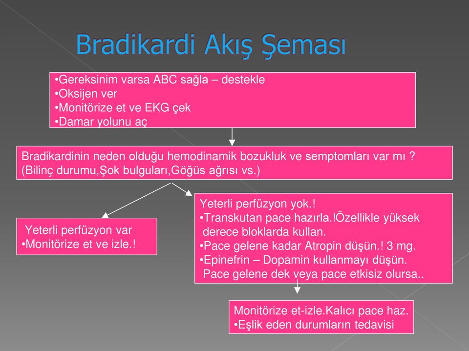 ! Yeterli perfüzyon yok.! Transkutan pace hazırla.!özellikle yüksek derece bloklarda kullan. Pace gelene kadar Atropin düşün.! 3 mg.