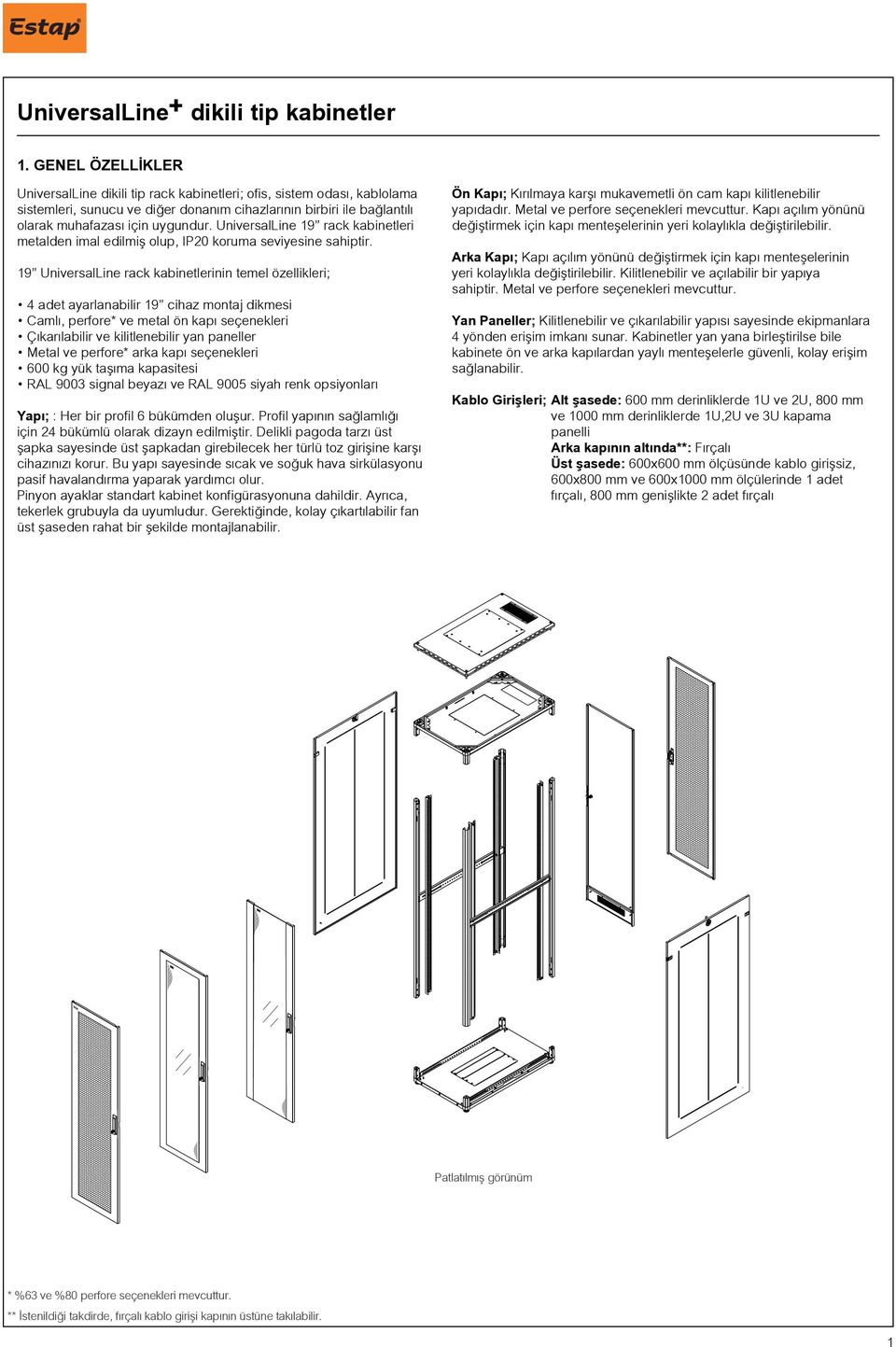 19 UniversalLine rack kabinetlerinin temel özellikleri; 4 adet ayarlanabilir 19 cihaz montaj dikmesi Camlı, perfore* ve metal ön kapı seçenekleri Çıkarılabilir ve kilitlenebilir yan paneller Metal ve