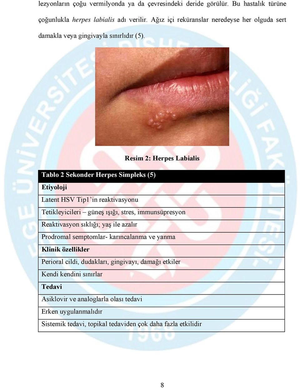 Resim 2: Herpes Labialis Tablo 2 Sekonder Herpes Simpleks (5) Etiyoloji Latent HSV Tip1 in reaktivasyonu Tetikleyicileri güneş ışığı, stres, immunsüpresyon