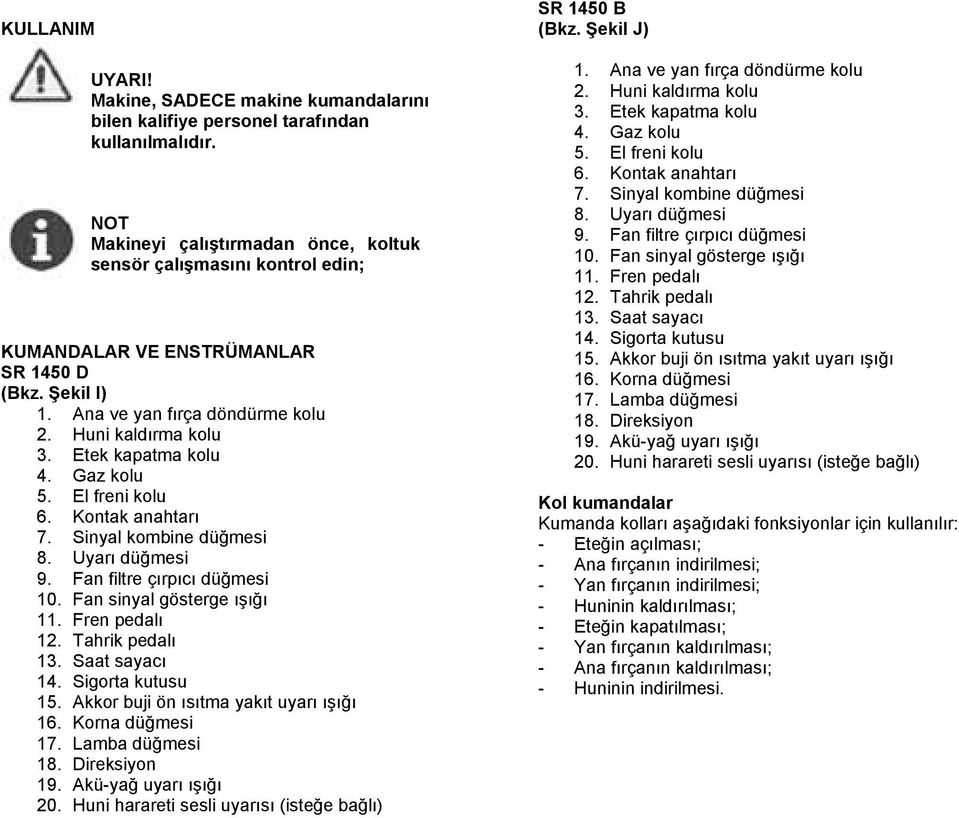 Etek kapatma kolu 4. Gaz kolu 5. El freni kolu 6. Kontak anahtarı 7. Sinyal kombine düğmesi 8. Uyarı düğmesi 9. Fan filtre çırpıcı düğmesi 10. Fan sinyal gösterge ışığı 11. Fren pedalı 12.