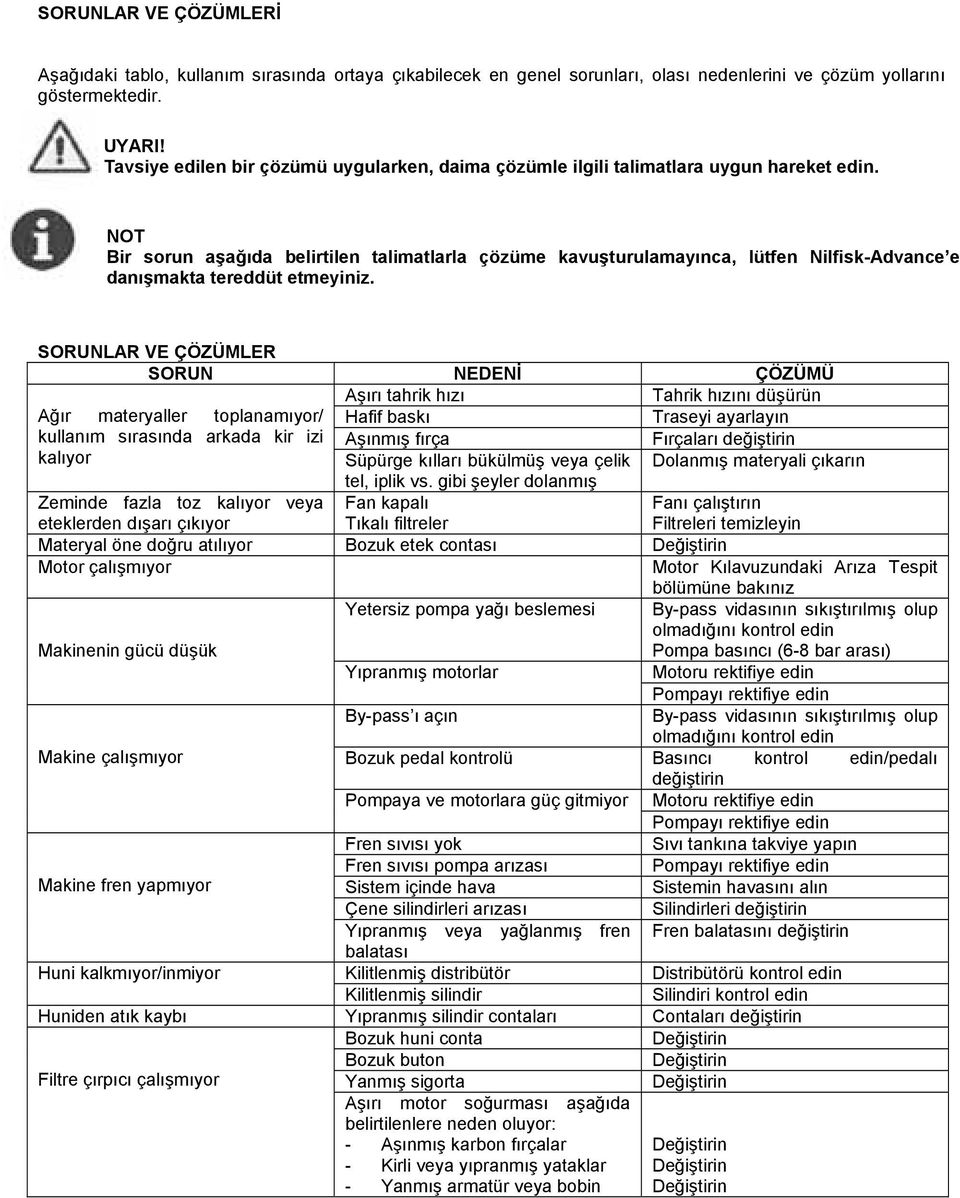 NOT Bir sorun aşağıda belirtilen talimatlarla çözüme kavuşturulamayınca, lütfen Nilfisk-Advance e danışmakta tereddüt etmeyiniz.