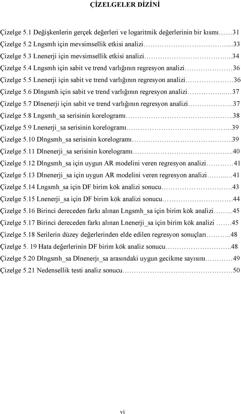 5 Lnenerji için sabit ve trend varlığının regresyon analizi 36 Çizelge 5.6 Dlngsmh için sabit ve trend varlığının regresyon analizi.. 37 Çizelge 5.