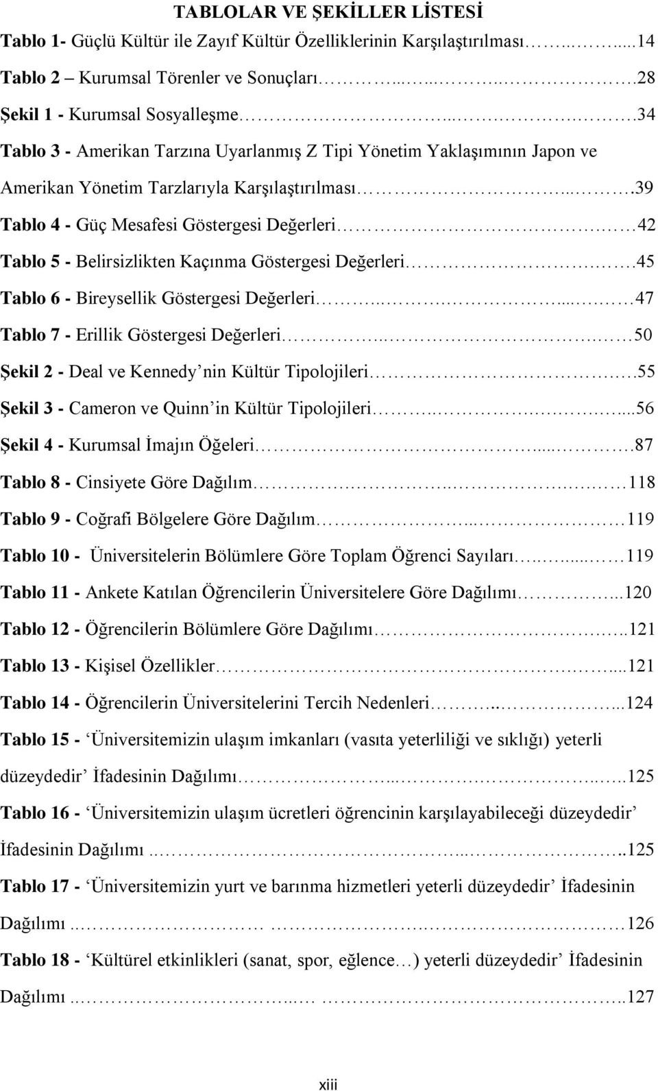 42 Tablo 5 - Belirsizlikten Kaçınma Göstergesi Değerleri..45 Tablo 6 - Bireysellik Göstergesi Değerleri........ 47 Tablo 7 - Erillik Göstergesi Değerleri.