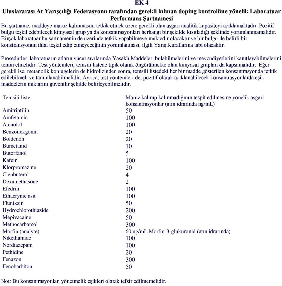 Birçok laboratuar bu şartnamenin de üzerinde tetkik yapabilmeye muktedir olacaktır ve bir bulgu ile belirli bir konstransyonun ihlal teşkil edip etmeyeceğinin yorumlanması, ilgili Yarış Kurallarına