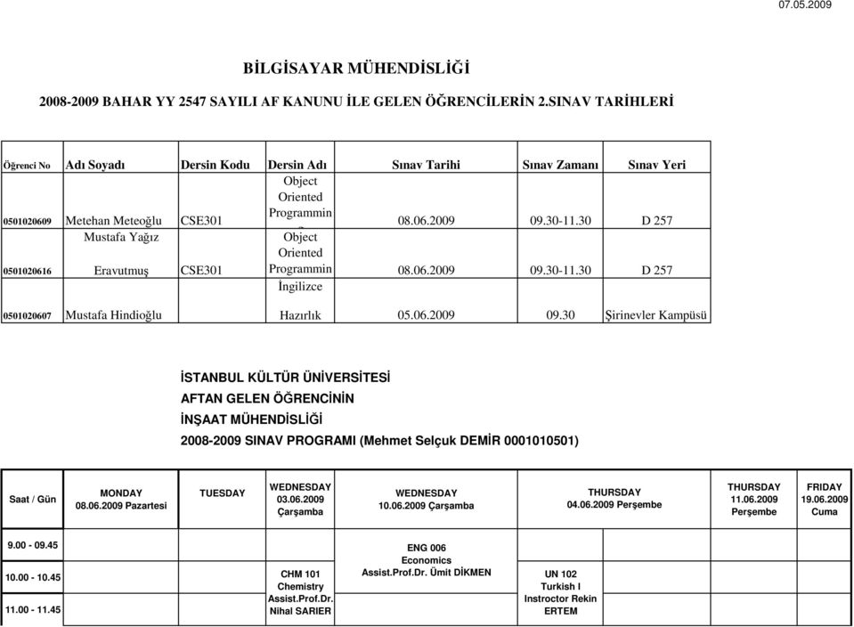 30-11.30 D 257 Oriented 0501020616 Eravutmuş CSE301 Programmin İngilizce g 08.06.2009 09.