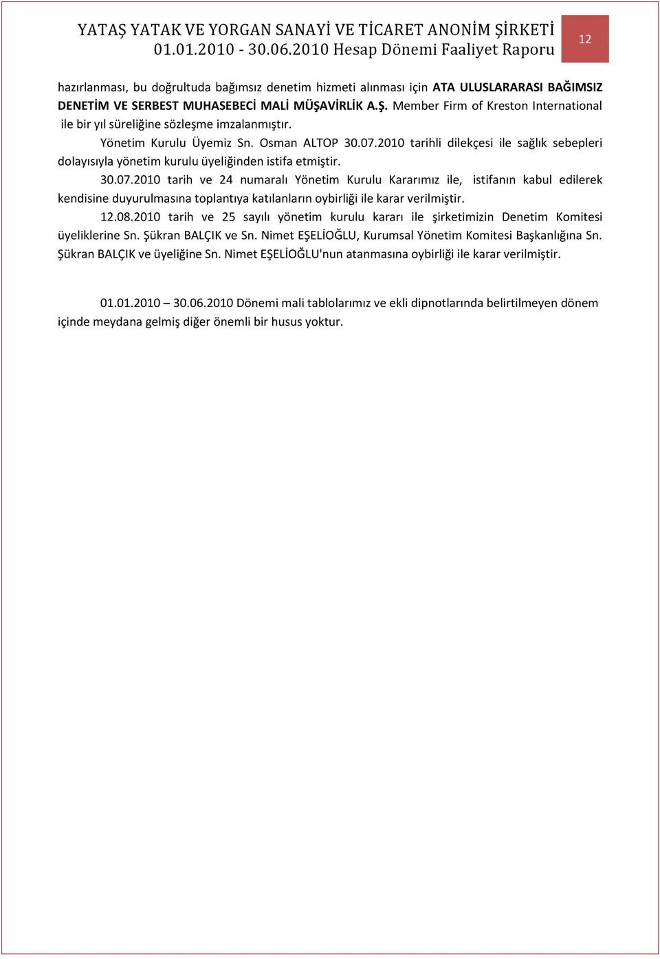 2010 tarihli dilekçesi ile sağlık sebepleri dolayısıyla yönetim kurulu üyeliğinden istifa etmiştir. 30.07.