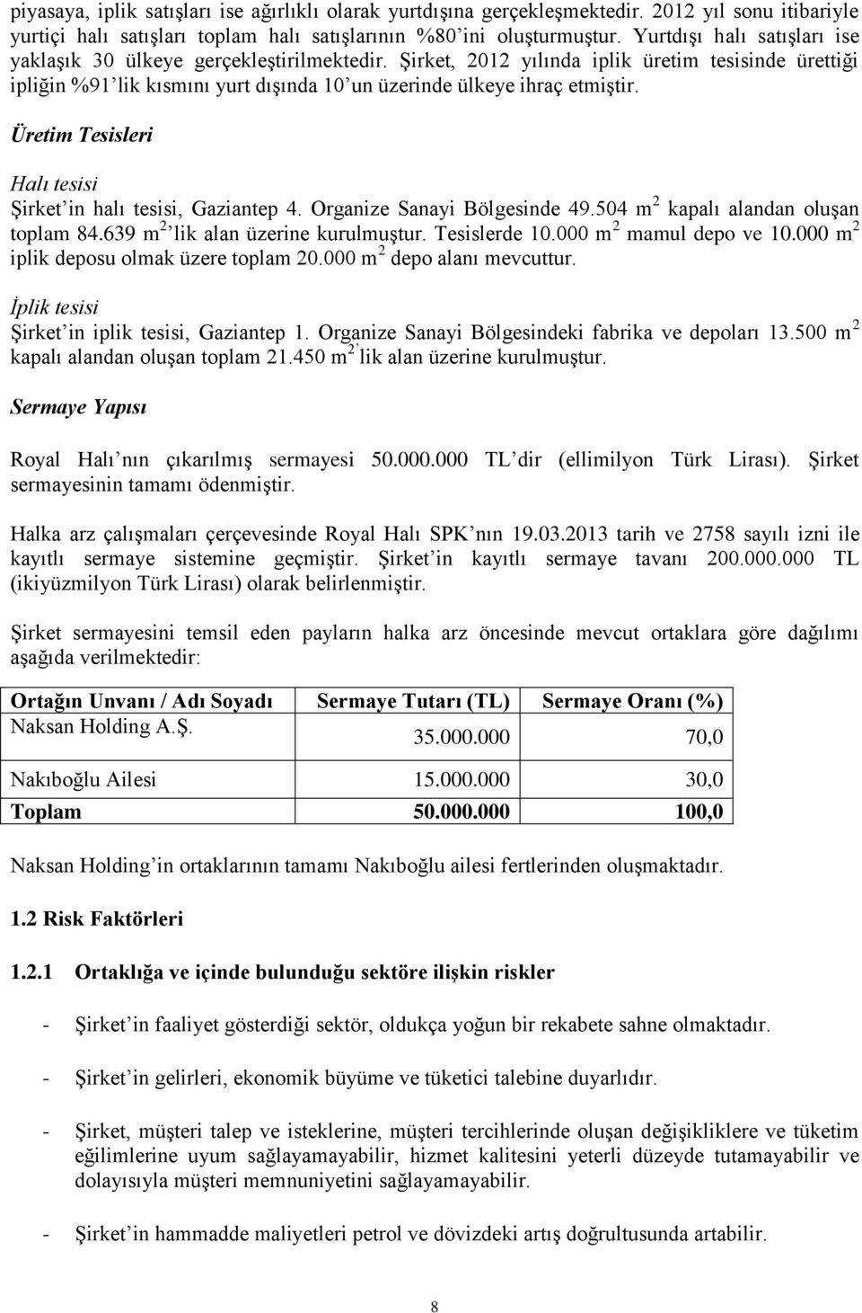 Üretim Tesisleri Halı tesisi Şirket in halı tesisi, Gaziantep 4. Organize Sanayi Bölgesinde 49.504 m 2 kapalı alandan oluşan toplam 84.639 m 2 lik alan üzerine kurulmuştur. Tesislerde 10.