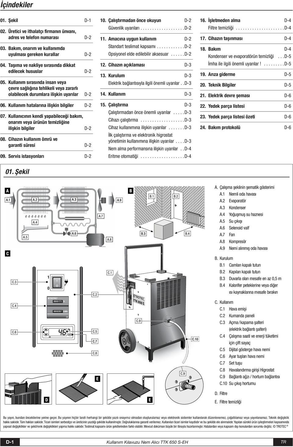 Taşıma ve nakliye sırasında dikkat edilecek hususlar D-2 D-4 Filtre temizliği.....................d-4 Güvenlik uyarıları...................d-2 Opsiyonel elde edilebilir aksesuar......d-2 17.