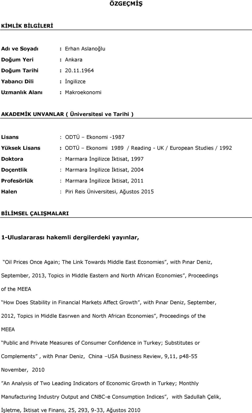 Studies / 1992 Doktora : Marmara İngilizce İktisat, 1997 Doçentlik : Marmara İngilizce İktisat, 2004 Profesörlük : Marmara İngilizce İktisat, 2011 Halen : Piri Reis Üniversitesi, Ağustos 2015