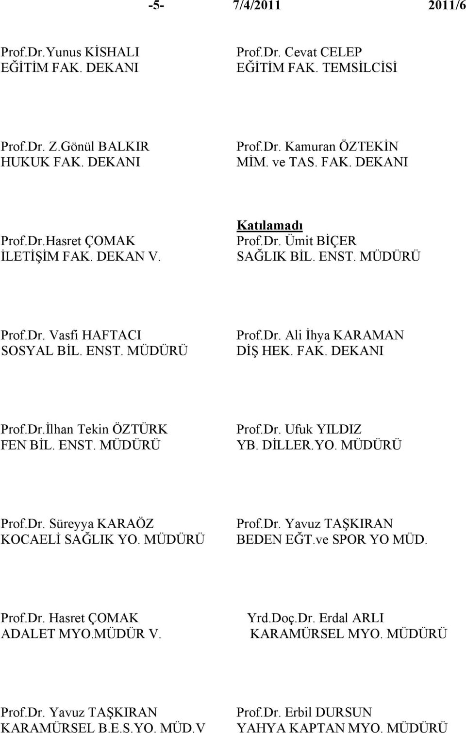 DİLLER.YO. MÜDÜRÜ Prof.Dr. Süreyya KARAÖZ KOCAELİ SAĞLIK YO. MÜDÜRÜ Prof.Dr. Yavuz TAŞKIRAN BEDEN EĞT.ve SPOR YO MÜD. Prof.Dr. Hasret ÇOMAK ADALET MYO.MÜDÜR V. Yrd.Doç.Dr. Erdal ARLI KARAMÜRSEL MYO.