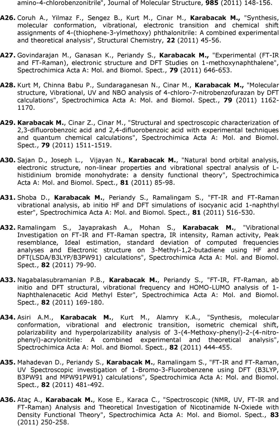 Structural Chemistry, 22 (2011) 45-56. A27. Govindarajan M., Ganasan K., Periandy S., Karabacak M.