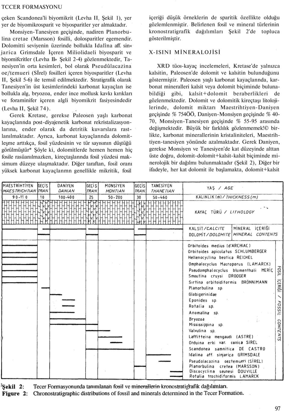 sin«jarica Grimsdale İçeren Miliolidaeli biyosparit ve biyomifcritler (Levha II» Şekil 2-4) gözlenmektedir, Tanesiyen'in orta kesimleri, bol olarak Pseudûlacazina oe/temueri (Sİrel) fosilleri içeren