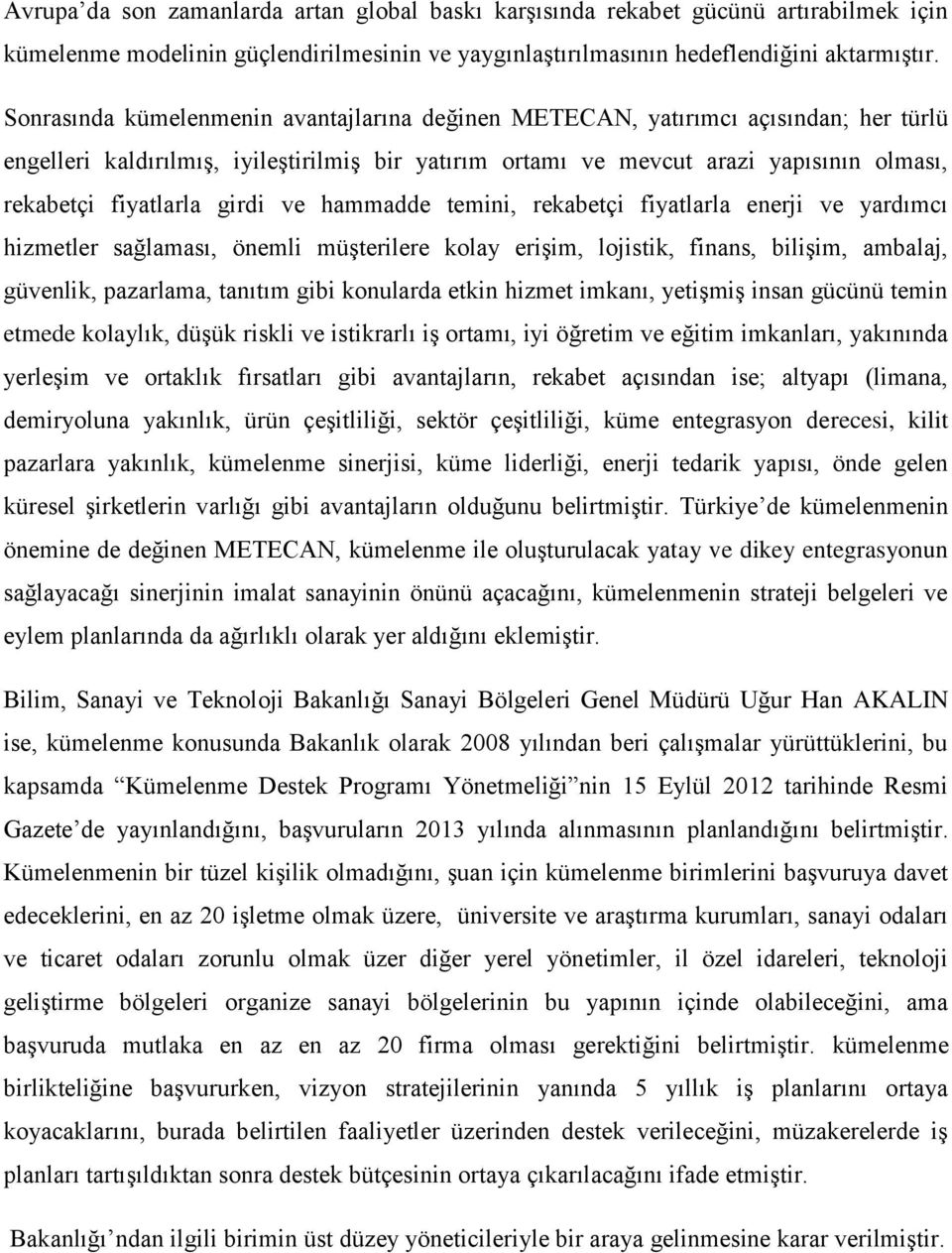 girdi ve hammadde temini, rekabetçi fiyatlarla enerji ve yardımcı hizmetler sağlaması, önemli müşterilere kolay erişim, lojistik, finans, bilişim, ambalaj, güvenlik, pazarlama, tanıtım gibi konularda