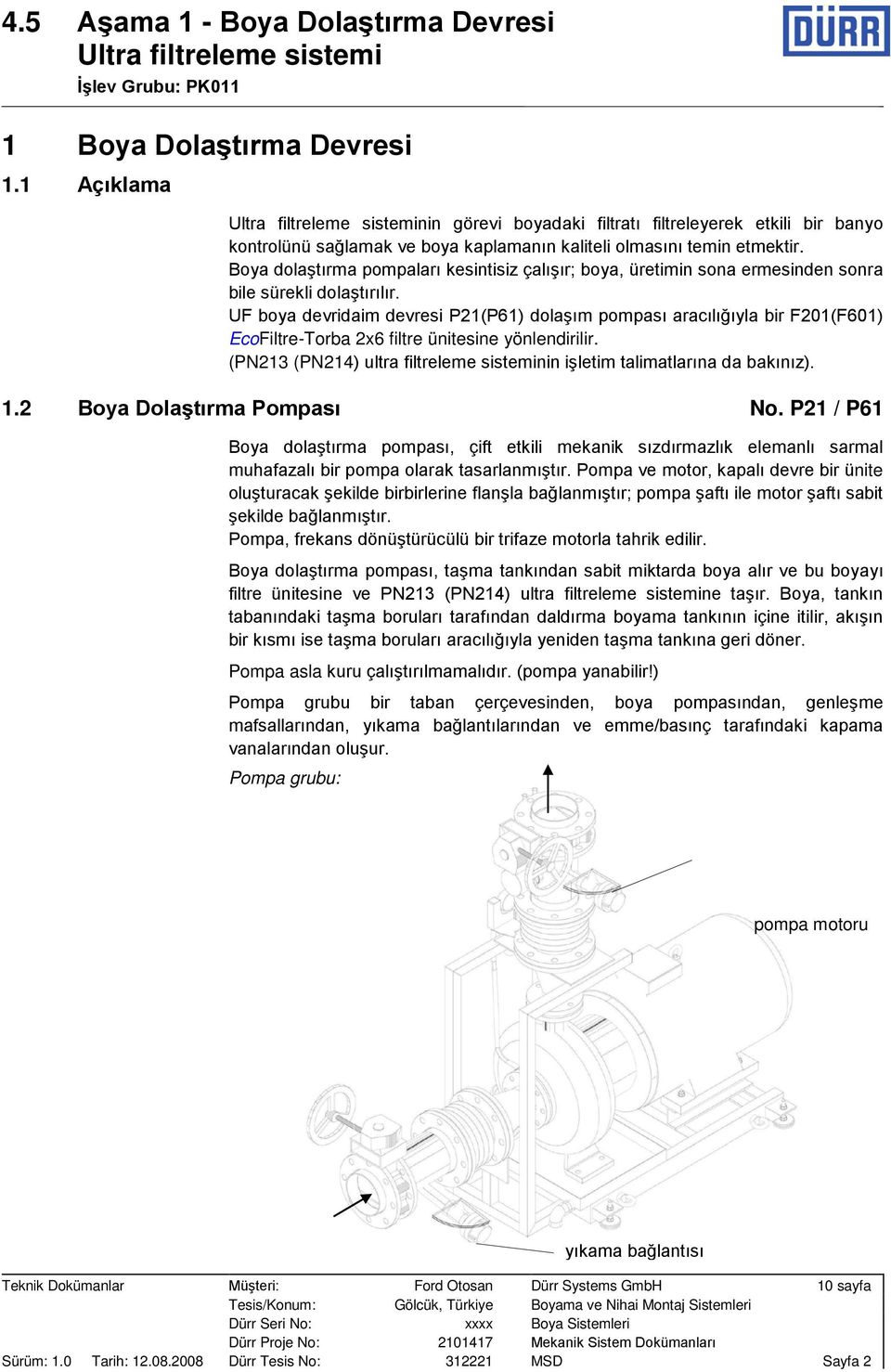 UF boya devridaim devresi P21(P61) dolaşım pompası aracılığıyla bir F201(F601) EcoFiltre-Torba 2x6 filtre ünitesine yönlendirilir.