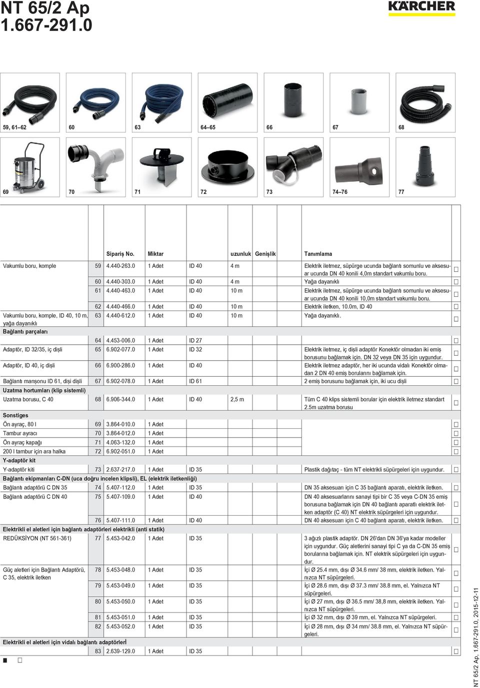 0 1 Adet ID 40 10 m Elektrik iletmez, süpürge ucunda bağlantı somunlu ve aksesuar ucunda DN 40 konili 10,0m standart vakumlu boru. 62 4.440-466.0 1 Adet ID 40 10 m Elektrik iletken, 10.