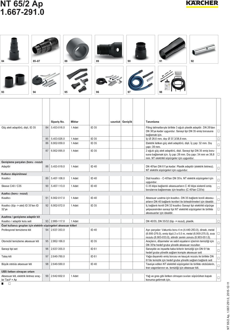 0 1 Adet ID 35 İçi Ø 28,6 mm, dışı Ø 37,3/38,8 mm. 86 6.902-059.0 1 Adet ID 35 Elektrik iletken güç aleti adaptörü, dişli. İç çap: 32 mm. Dış çapı: 39 mm. 87 6.902-095.