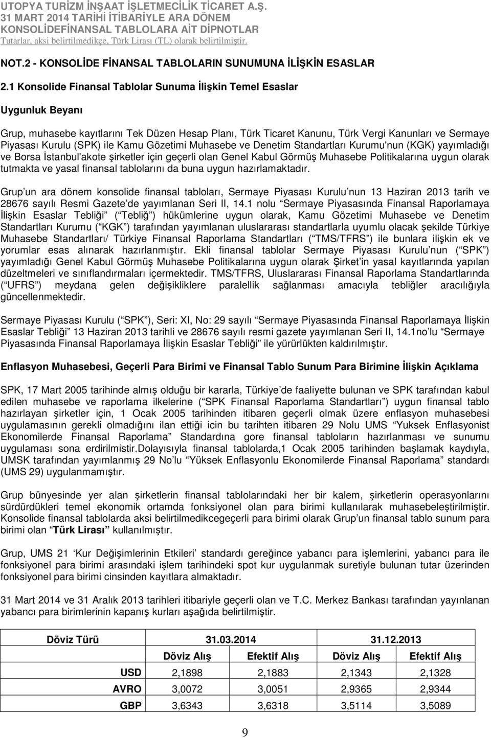 ile Kamu Gözetimi Muhasebe ve Denetim Standartları Kurumu'nun (KGK) yayımladığı ve Borsa İstanbul'akote şirketler için geçerli olan Genel Kabul Görmüş Muhasebe Politikalarına uygun olarak tutmakta ve