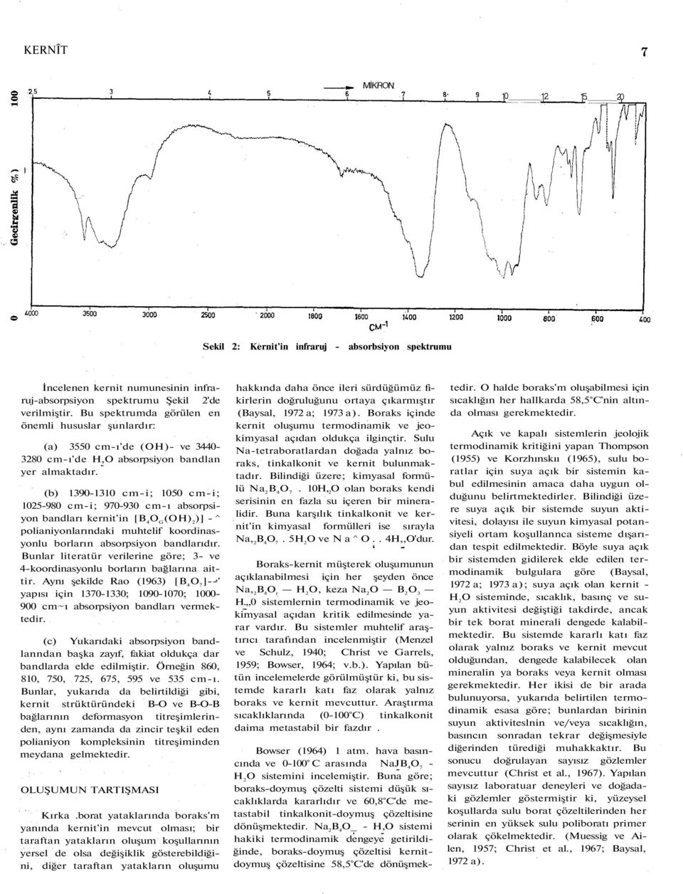 (b) 1390-1310 cm-i; 1050 cm-i; 1025-980 cm-i; 970-930 cm-ı absorpsiyon bandları kernit'in [ O G (OH) 2 )] -^ polianiyonlarındaki muhtelif koordinasyonlu borların absorpsiyon bandlarıdır.