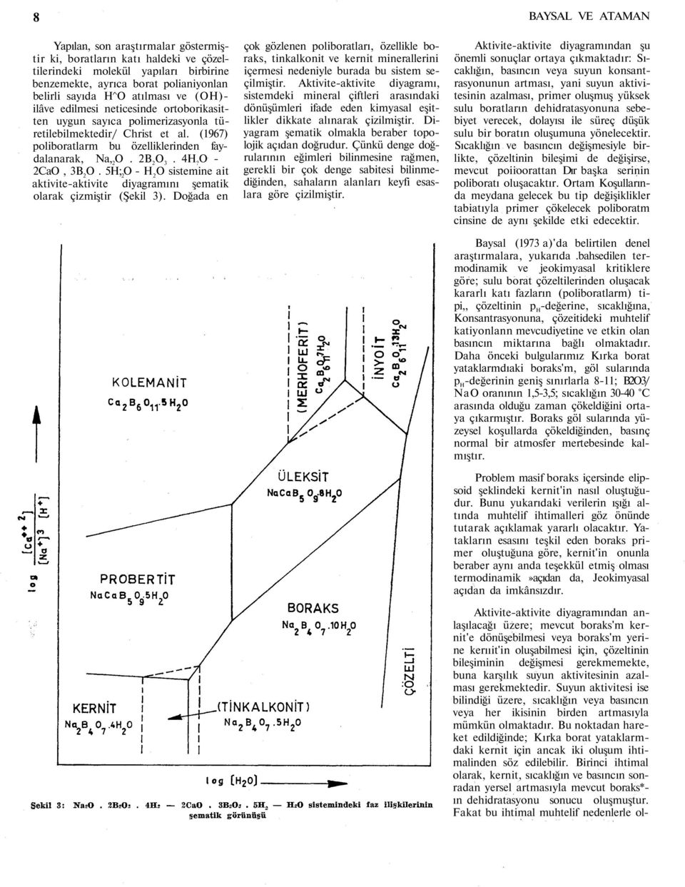 O - 2CaO, 3B 2 O. 5H; 2 O - H 2 O sistemine ait aktivite-aktivite diyagramını şematik olarak çizmiştir (Şekil 3).