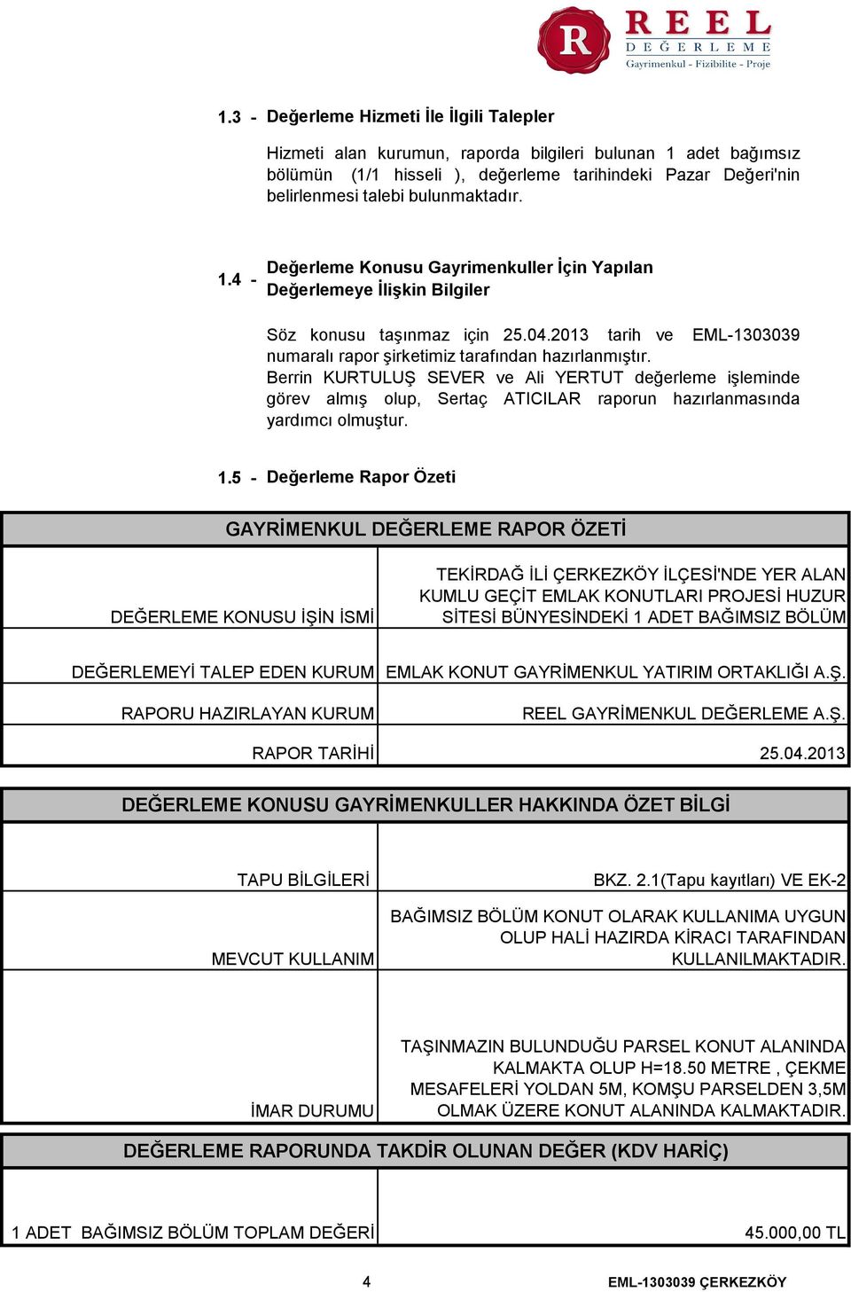 2013 tarih ve EML1303039 numaralı rapor şirketimiz tarafından hazırlanmıştır.