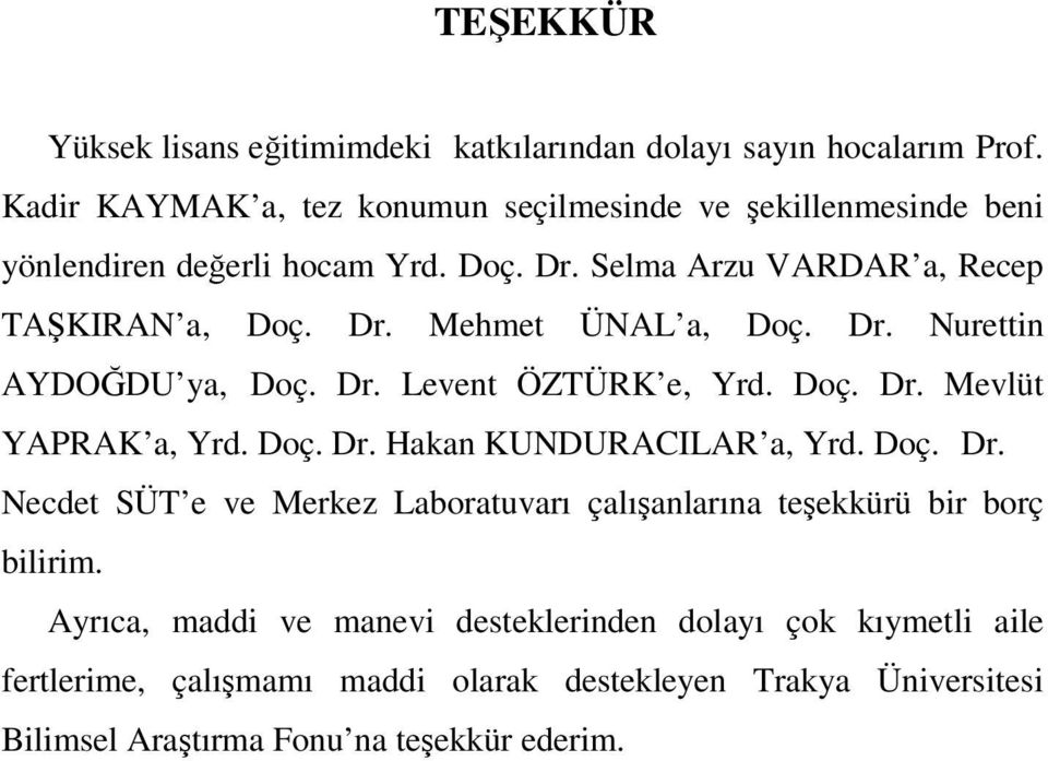 Dr. Nurettin AYDOĞDU ya, Doç. Dr. Levent ÖZTÜRK e, Yrd. Doç. Dr. Mevlüt YAPRAK a, Yrd. Doç. Dr. Hakan KUNDURACILAR a, Yrd. Doç. Dr. Necdet SÜT e ve Merkez Laboratuvarı çalışanlarına teşekkürü bir borç bilirim.